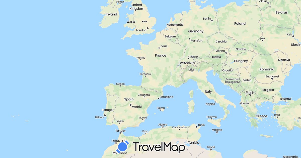 TravelMap itinerary: driving, bus, plane, cycling, boat in Belgium, Spain, France, Italy, Portugal (Europe)